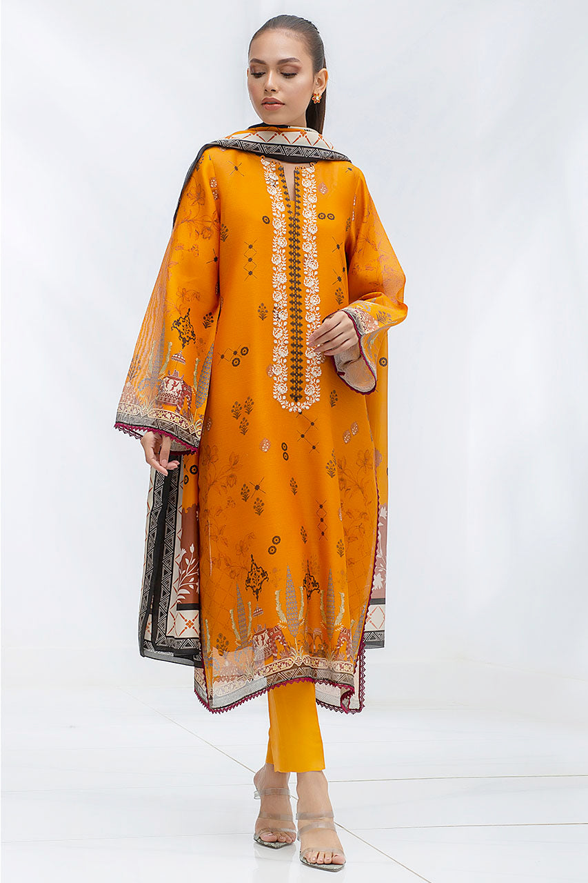 Marigold Cotton Net Digitally Printed Kurta With Printed Silk Dupatta