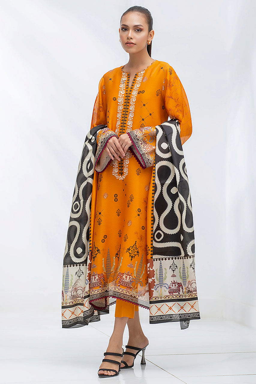 Marigold Cotton Net Digitally Printed Kurta With Printed Silk Dupatta