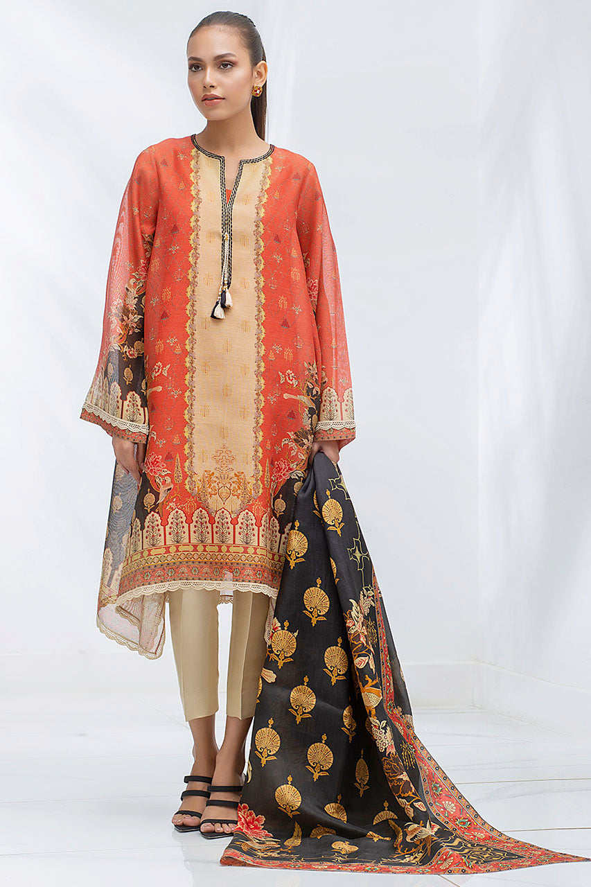 Crimson Cotton Net Digitally Printed Kurta With Printed Silk Dupatta