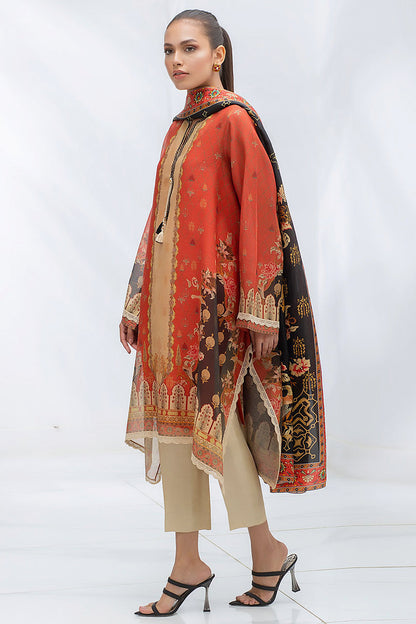 Crimson Cotton Net Digitally Printed Kurta With Printed Silk Dupatta