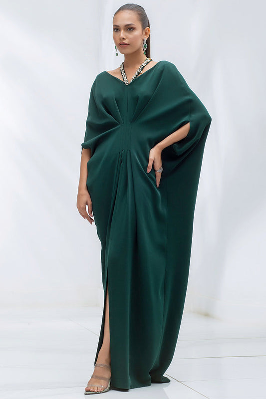 Emerald Kaftan In Italian Crepe With Embellished Strap Detail