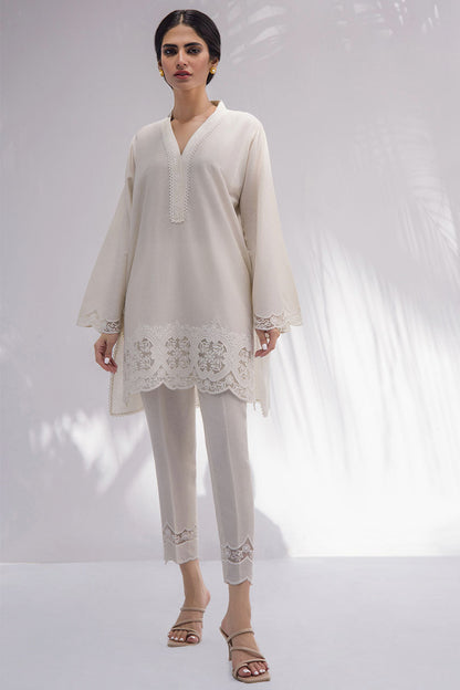 Pearl White Karandi Kurta With Lace Border Insert