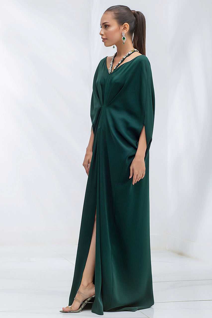 Emerald Kaftan In Italian Crepe With Embellished Strap Detail