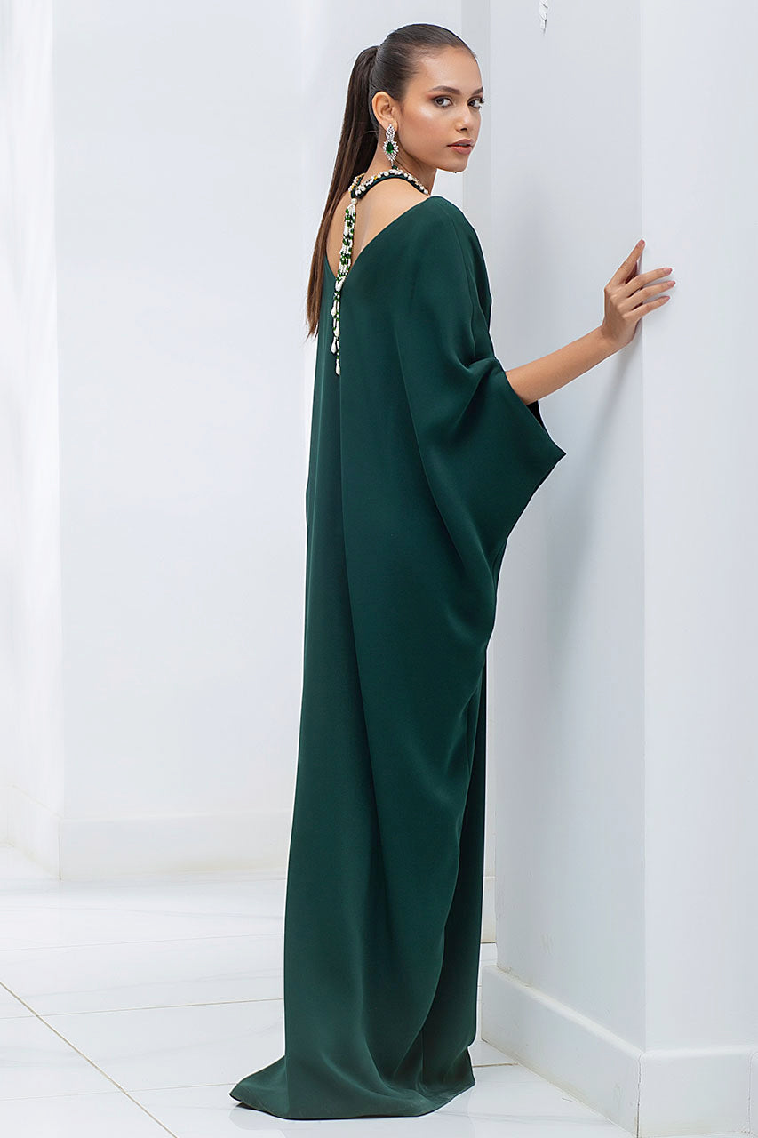 Emerald Kaftan In Italian Crepe With Embellished Strap Detail