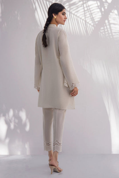 Pearl White Karandi Kurta With Lace Border Insert