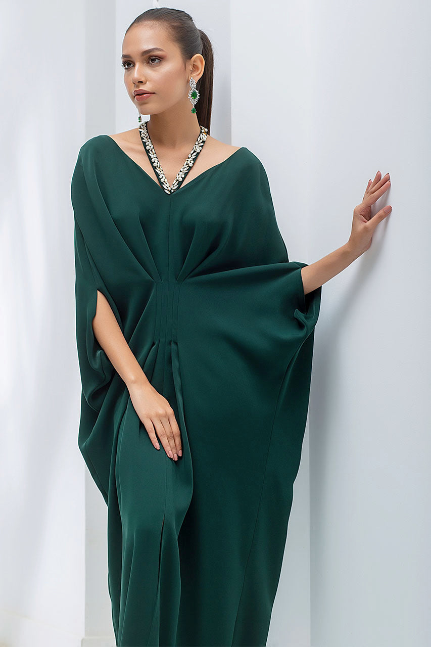 Emerald Kaftan In Italian Crepe With Embellished Strap Detail