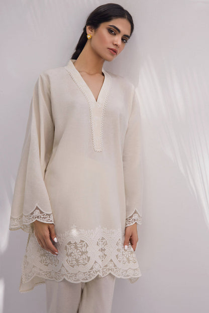 Pearl White Karandi Kurta With Lace Border Insert