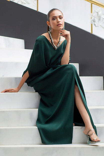 Emerald Kaftan In Italian Crepe With Embellished Strap Detail