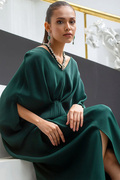 Emerald Kaftan In Italian Crepe With Embellished Strap Detail