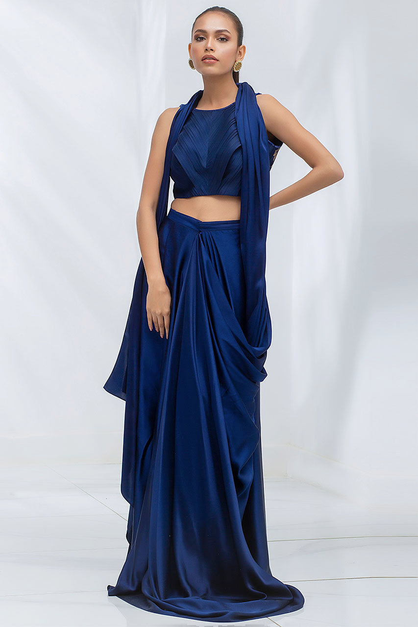 Charmeuse Draped Sari With Silk Pleated Choli With Screen Print Detailing