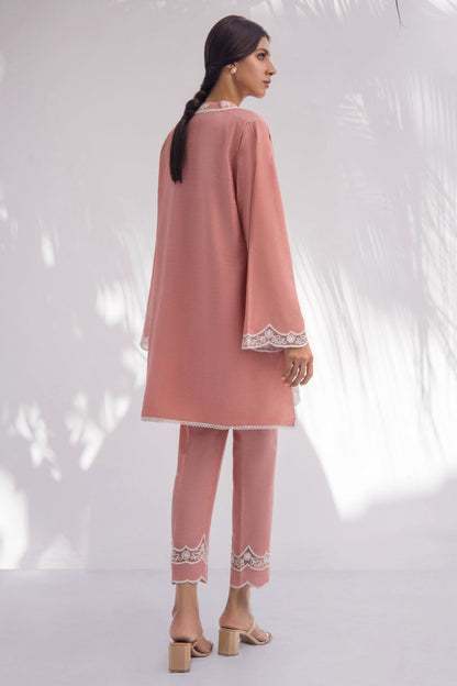 Salmon Pink Karandi Kurta With Lace Border Insert