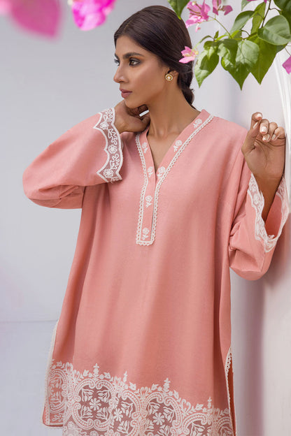 Salmon Pink Karandi Kurta With Lace Border Insert