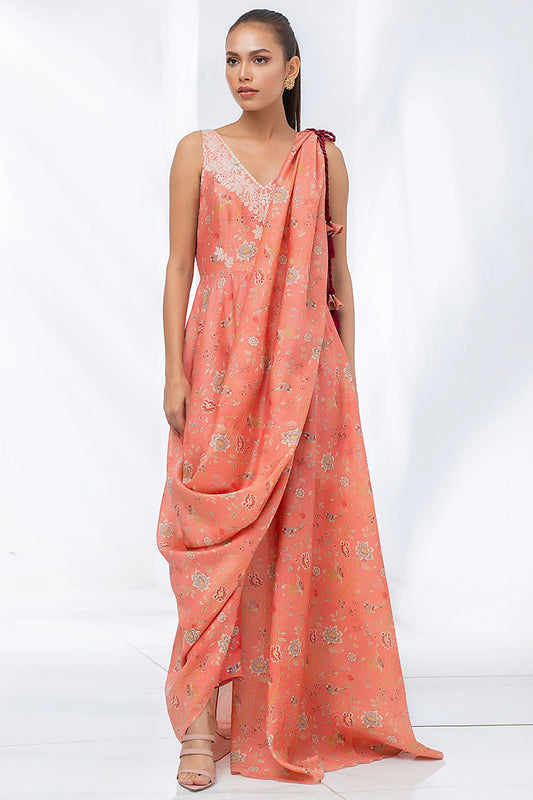 Coral Peach Khaddi Silk Draped Sari With Crop Trousers