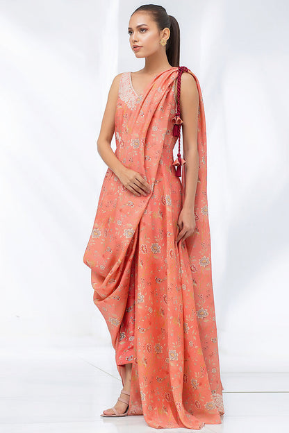 Coral Peach Khaddi Silk Draped Sari With Crop Trousers