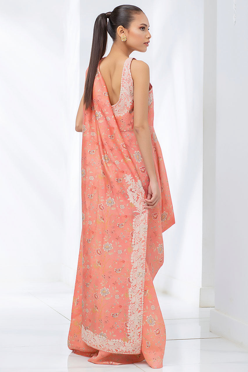 Coral Peach Khaddi Silk Draped Sari With Crop Trousers