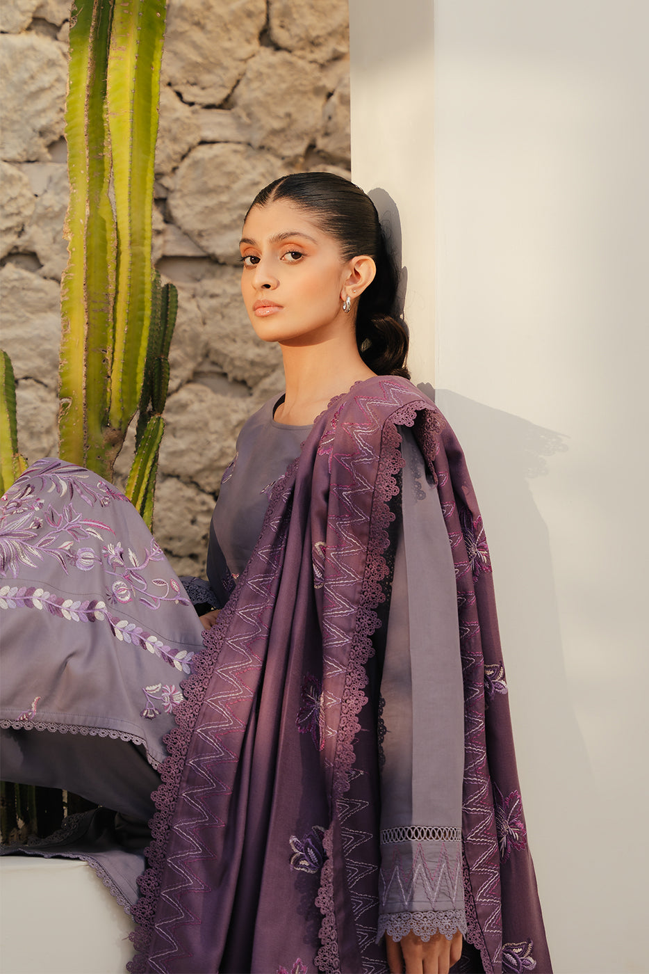 Beechtree - 3 PIECE - EMBROIDERED COTTON SATIN SUIT WITH EMBROIDERED SHAWL - FOSSIL MAUVE (UNSTITCHED)