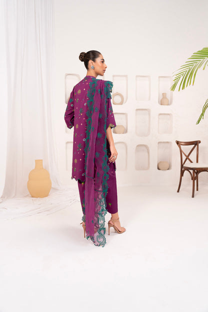 3 Pc Embroidered Lawn Viscose Suit With Organza Dupatta