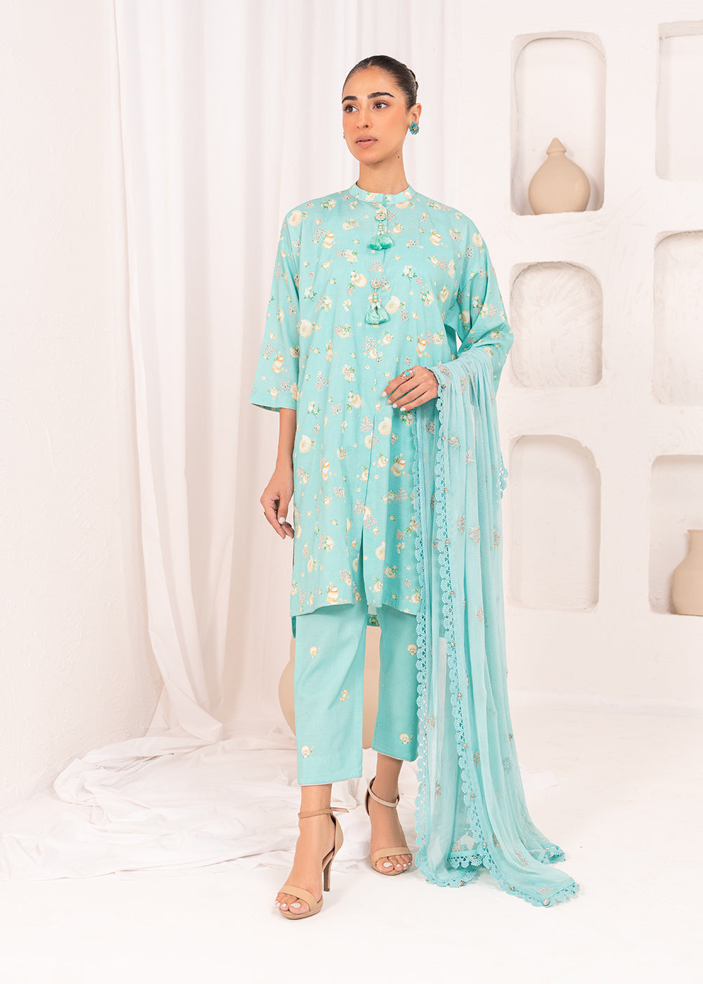 3 Pc Embroidered Lawn Viscose Suit With Poly Net Dupatta