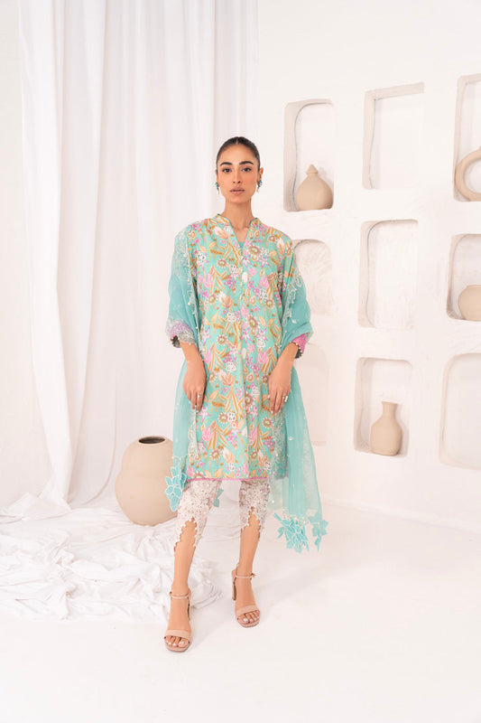 3 Pc Embroidered Lawn Viscose Suit With Organza Dupatta