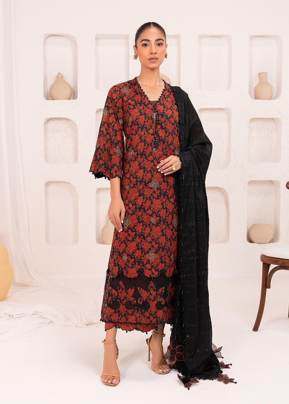 3 Pc Embroidered Lawn Viscose Suit With Dobby Sequence Dupatta