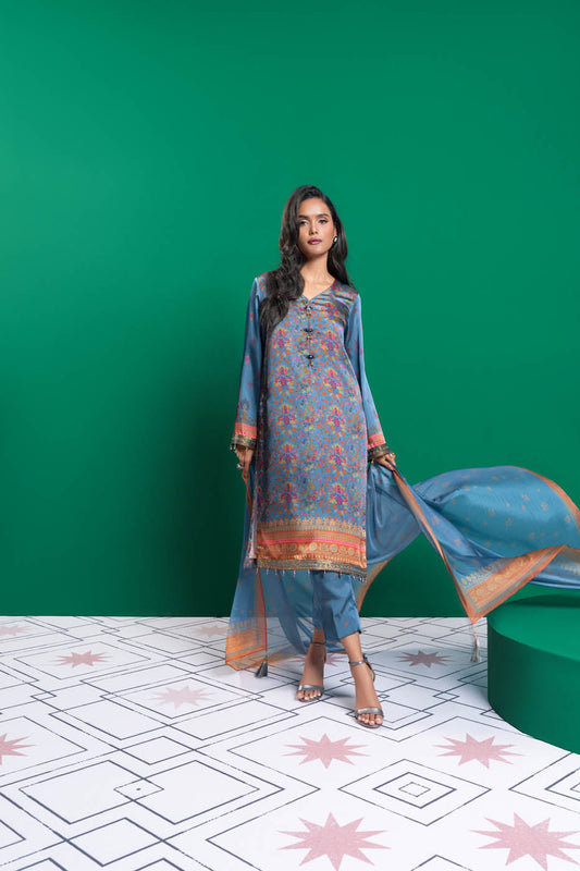 3 Pc Embroidered Chamois Silk Suit With Tissue Silk Dupatta