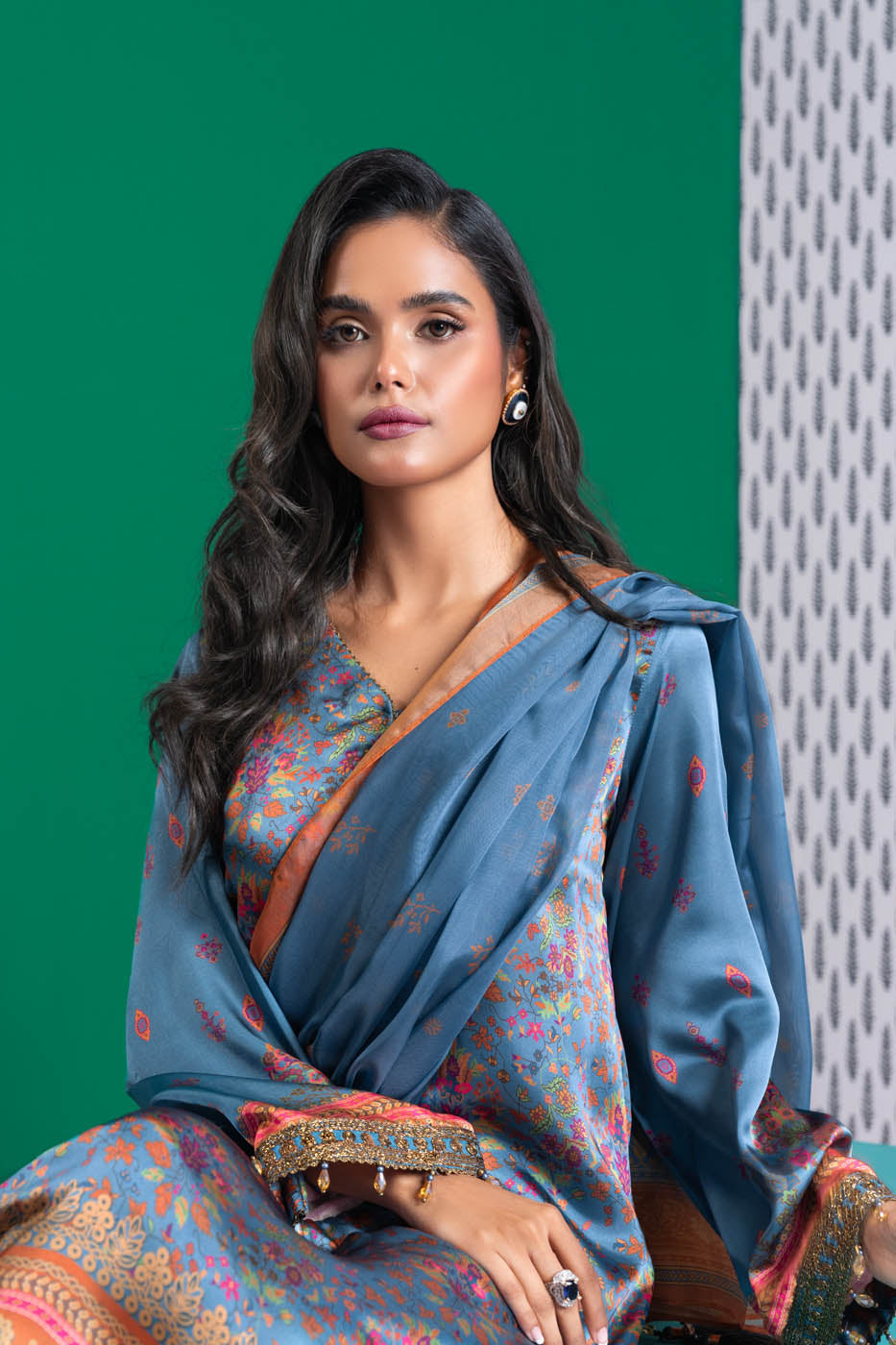 3 Pc Embroidered Chamois Silk Suit With Tissue Silk Dupatta