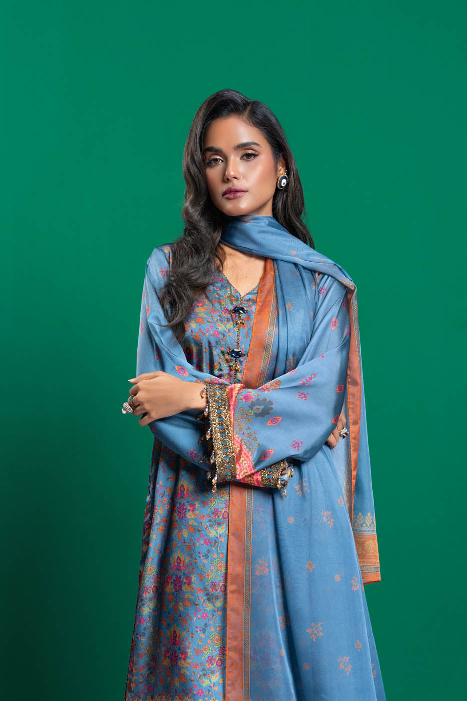 3 Pc Embroidered Chamois Silk Suit With Tissue Silk Dupatta