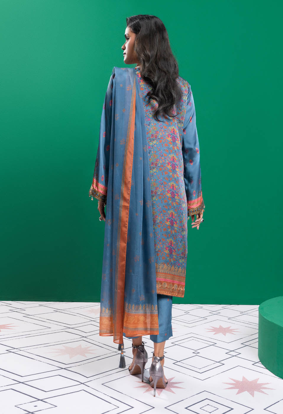 3 Pc Embroidered Chamois Silk Suit With Tissue Silk Dupatta