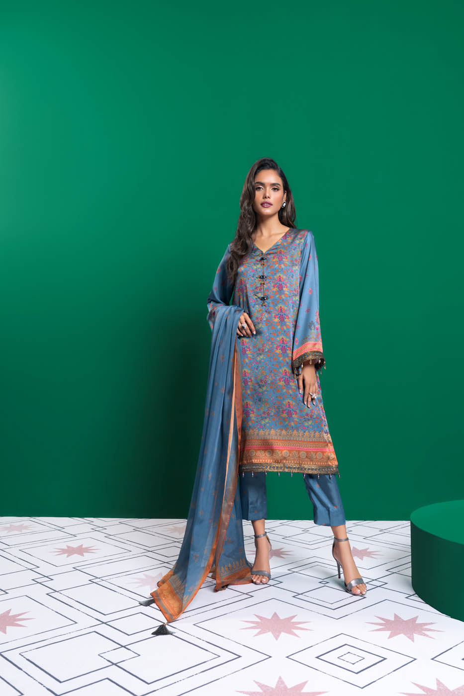 3 Pc Embroidered Chamois Silk Suit With Tissue Silk Dupatta