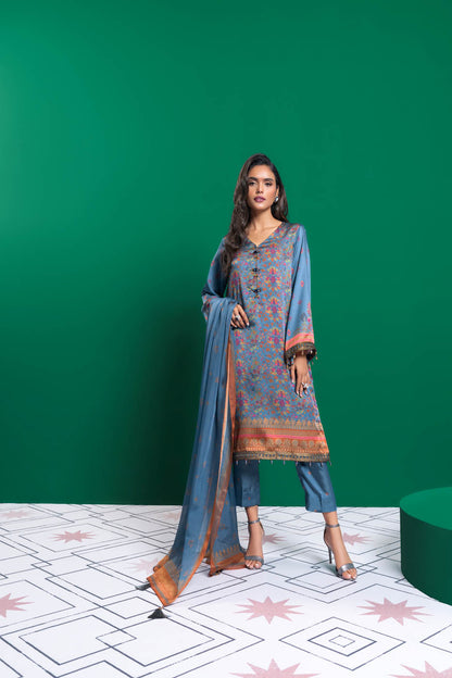 3 Pc Embroidered Chamois Silk Suit With Tissue Silk Dupatta
