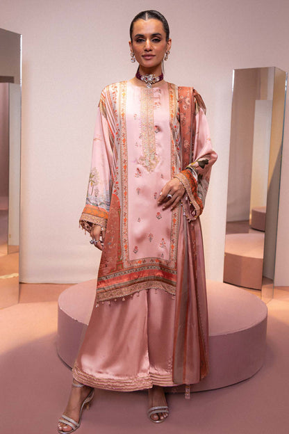 3 Pc Embroidered Chamois Silk Suit With Tissue Silk Dupatta