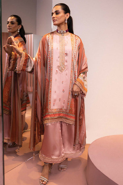 3 Pc Embroidered Chamois Silk Suit With Tissue Silk Dupatta