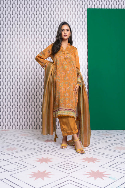 3 Pc Embroidered Chamois Silk Suit With Tissue Silk Dupatta