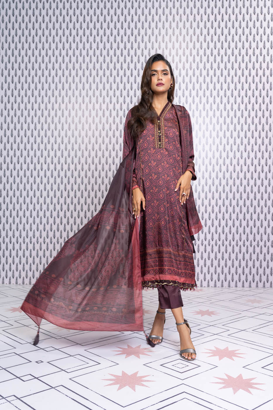 Three Piece Embroidered Chamois Silk Suit With Tissue Silk Dupatta