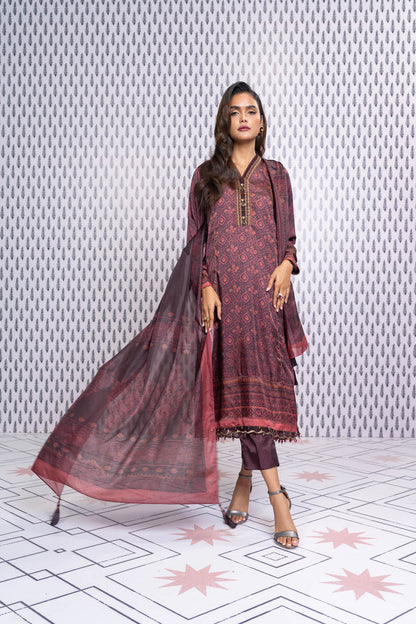 Three Piece Embroidered Chamois Silk Suit With Tissue Silk Dupatta