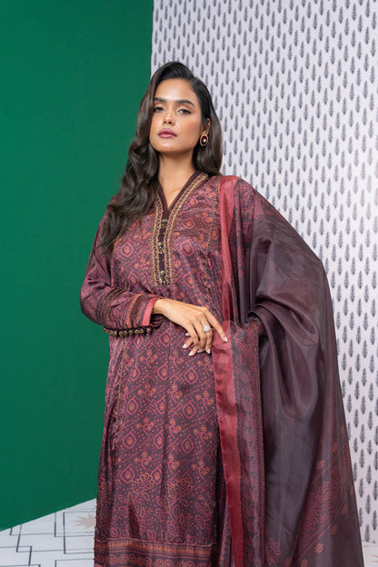 Three Piece Embroidered Chamois Silk Suit With Tissue Silk Dupatta