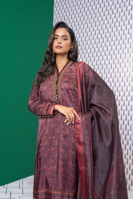 Three Piece Embroidered Chamois Silk Suit With Tissue Silk Dupatta