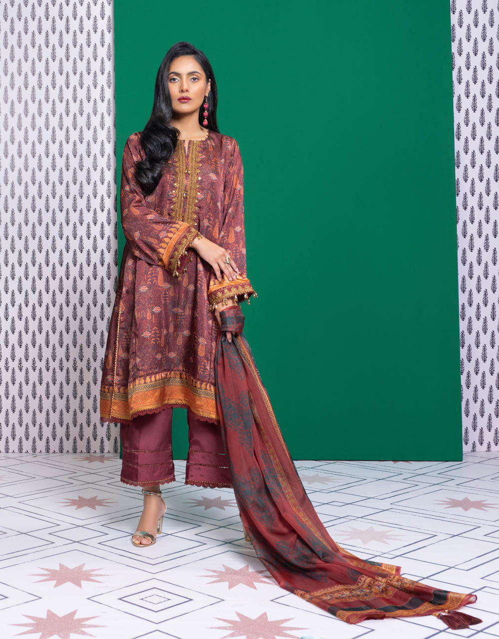 Three Piece Embroidered Chamois Silk Suit With Tissue Silk Dupatta