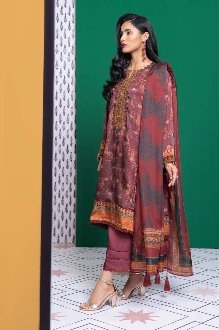 Three Piece Embroidered Chamois Silk Suit With Tissue Silk Dupatta