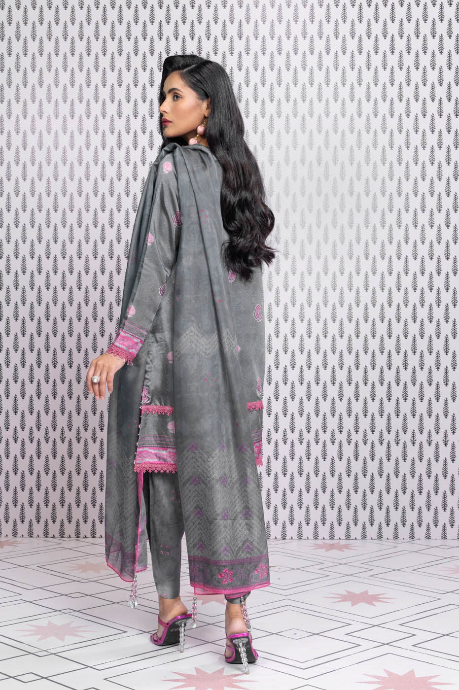 3 Pc Embroidered Chamois Silk Suit With Tissue Silk Dupatta