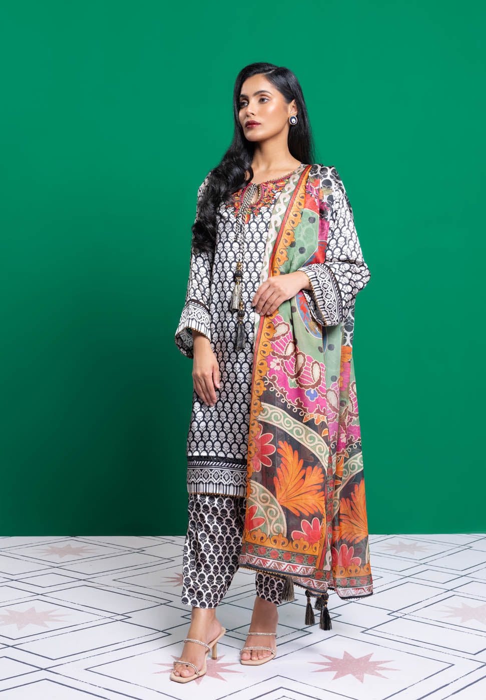 3 Pc Embroidered Chamois Silk Suit With Tissue Silk Dupatta