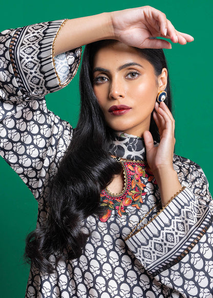 3 Pc Embroidered Chamois Silk Suit With Tissue Silk Dupatta