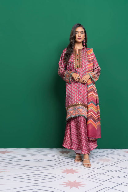 3 Pc Embroidered Chamois Silk Suit With Tissue Silk Dupatta