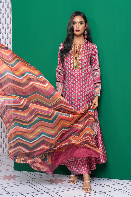 3 Pc Embroidered Chamois Silk Suit With Tissue Silk Dupatta
