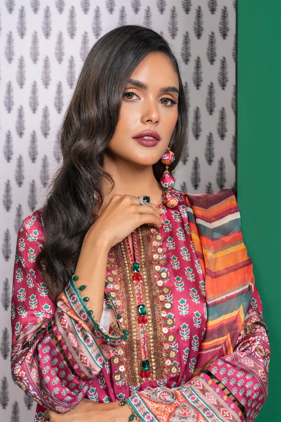 3 Pc Embroidered Chamois Silk Suit With Tissue Silk Dupatta