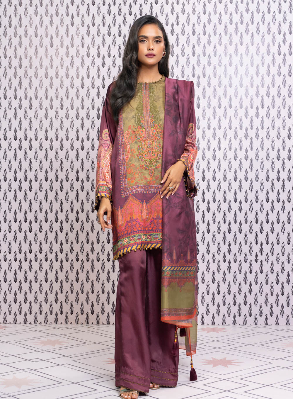 Three Piece Embroidered Chamois Silk Suit With Tissue Silk Dupatta