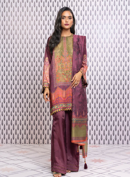 Three Piece Embroidered Chamois Silk Suit With Tissue Silk Dupatta