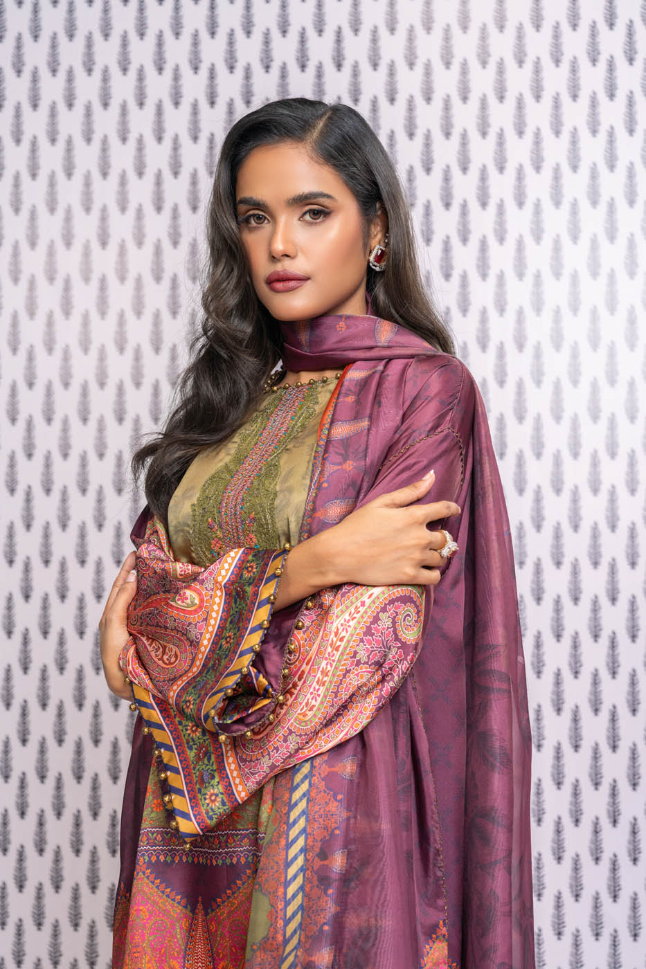 Three Piece Embroidered Chamois Silk Suit With Tissue Silk Dupatta