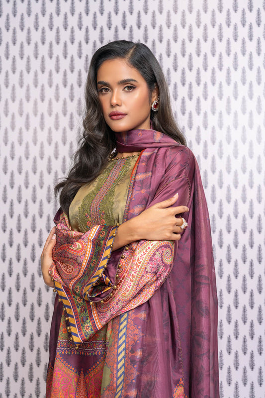 Three Piece Embroidered Chamois Silk Suit With Tissue Silk Dupatta