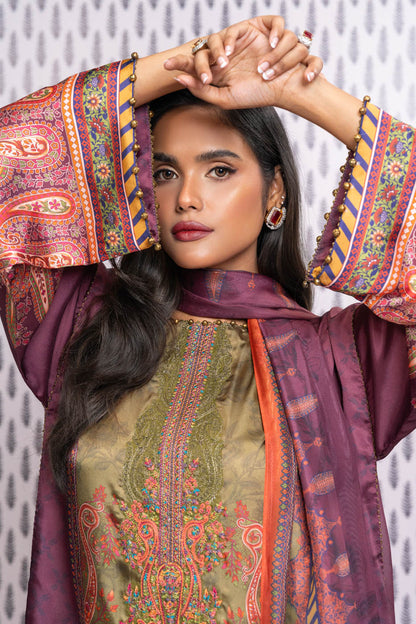 Three Piece Embroidered Chamois Silk Suit With Tissue Silk Dupatta
